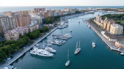 Obraz premium City seen from above at sunset with bullring, harbor, nearby buildings, and boardwalk along the water captured during summer