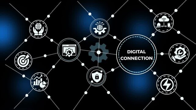 Digital connection background with linked nodes, data exchange systems, cloud computing and secure communication technology infrastructure visualization.