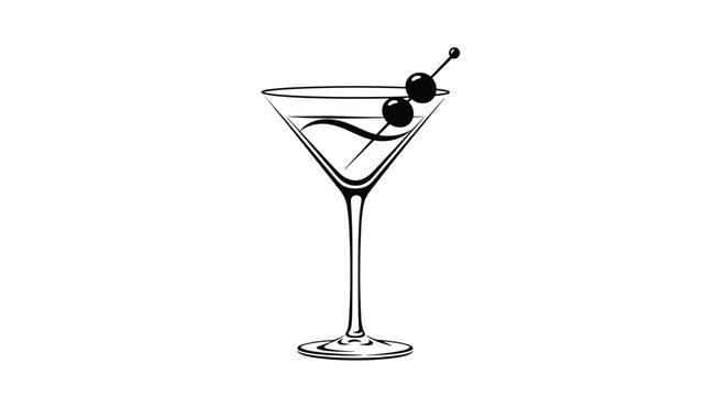 Black and white line drawing of a classic martini glass with two olives on a toothpick, representing a cocktail drink.