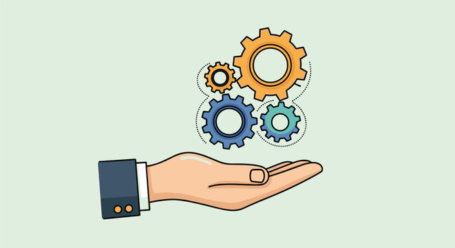 Illustration of a human hand in a business suit holding up four colorful interlocking gears against a light background.