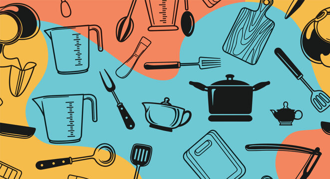 Colorful seamless pattern featuring various kitchen utensils and cooking equipment icons like pots pans and measuring cups on abstract shapes.