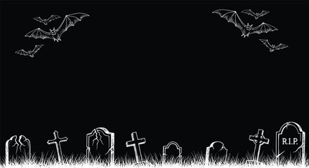 Naklejka premium Spooky cemetery scene with various tombstones and crosses in grass under a dark sky filled with flying bats for Halloween theme.