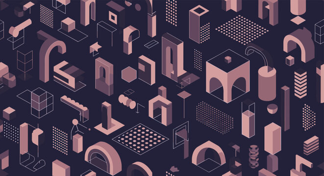 Isometric abstract background featuring various geometric 3D architectural shapes and structures in a purple and dark blue color palette.