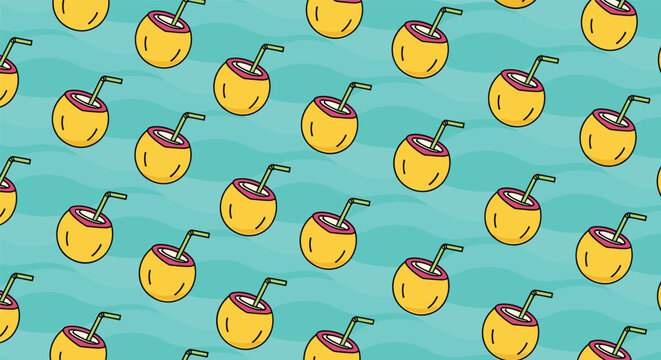 Refreshing seamless pattern with illustrations of coconut halves served with drinking straws over a wavy blue water background.