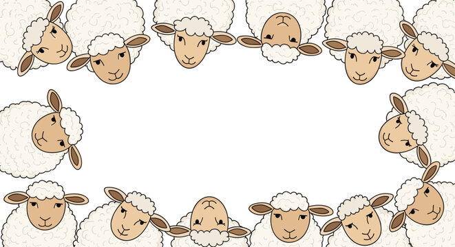 Playful frame border design composed of cute cartoon sheep heads looking inward on a clean white background for children's themes.