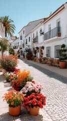 Fototapeta premium A small street with white walls and wooden doors leads downhill under the sun in a historic area with stone pavement