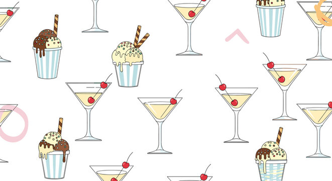 Fun seamless pattern featuring illustrated ice cream sundaes in striped cups and elegant martini glasses with cherries on white.