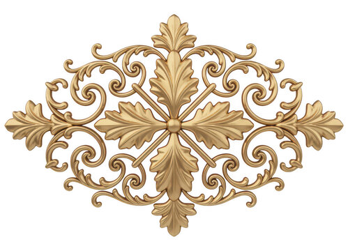 Symmetrical golden decorative carving with acanthus leaves and intricate floral scrollwork patterns isolated on a transparent background
