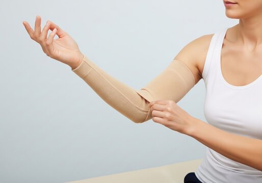 Lymphedema compression sleeve application shows arm swelling support circulation care recovery and daily self management concept for healthcare marketing and stock use