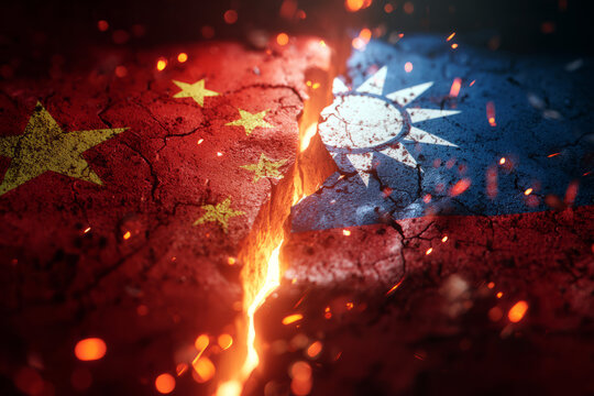 Taiwan and China flags, cracked down the middle, symbolizing conflict. suggesting intense heat and underlying tension. emphasizing the division and implied conflict between the two nations