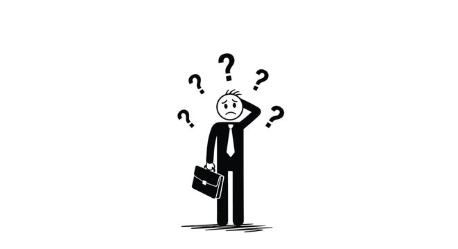 Confused businessman stick figure holding briefcase with multiple question marks over head representing problem solving tasks.