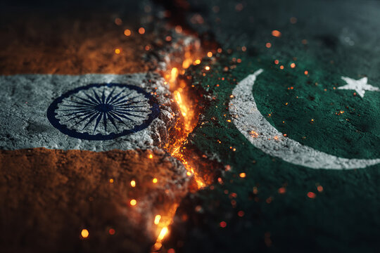 India and Pakistan flags, cracked down the middle, symbolizing conflict. suggesting intense heat and underlying tension. emphasizing the division and implied conflict between the two nations
