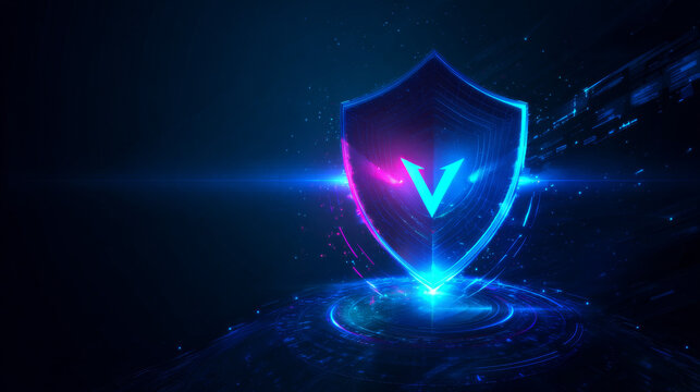 Cyber security intelligence data protection shield with up arrow vector logo design concept. Abstract shield security icon logotype symbol for ID protection, privacy solution, verify, big data, tech.