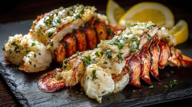 Grilled lobster tails garnished with herbs and served with lemon wedges on a black slate plate