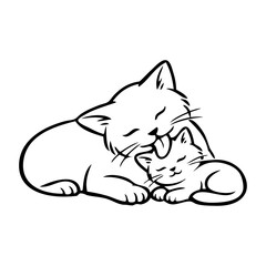Dibujo minimalista con líneas de una madre gata limpiando a su gatito con la lengua. Concepto de amor maternal  © teracreonte