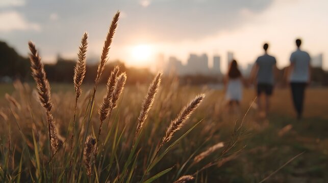 A warm golden hour scene featuring people walking through tall grasses toward a distant city skyline