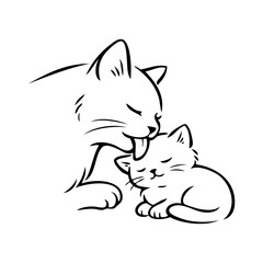 Dibujo minimalista con líneas de una madre gata limpiando a su gatito con la lengua. Concepto de amor maternal  © teracreonte
