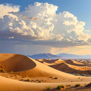 Bentang alam bukit pasir gurun dengan awan.