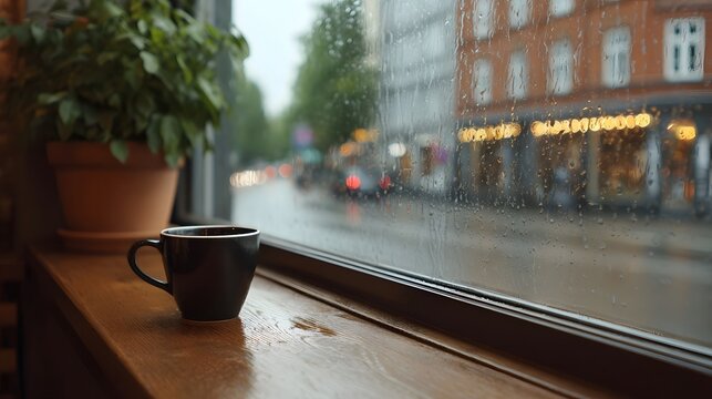Capturing the moody atmosphere of a rainy day through a window overlooking a damp illuminated city street