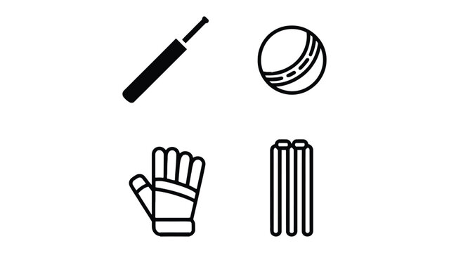 Cricket Gear Icons: An eye-level shot captures essential cricket equipment, perfectly isolated against the clean, inviting background. A bat, ball, glove, and wicket stand poised to play. 
