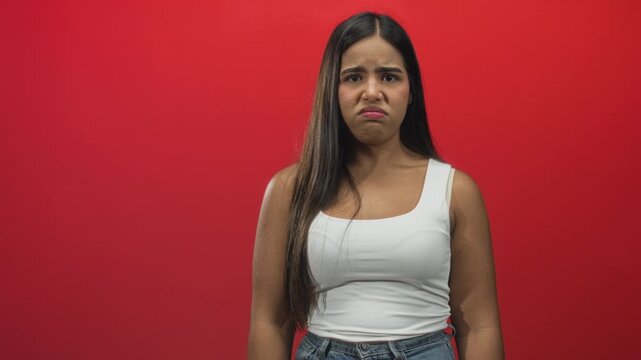 Young hispanic woman in white tank top pouts and grimaces, mouth curled, in studio against red wall; disgust hesitation doubt.