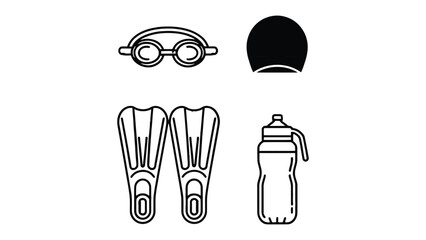 Swimming Essentials: A minimalistic illustration showcases essential gear for a refreshing swim: goggles, a cap, flippers, and a water bottle, suggesting a preparation for aquatic activity © Nadim