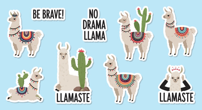 Set of cute llama stickers with various themes including a cactus and floral blankets and motivational text like Be Brave and Llamaste.