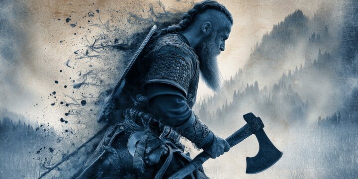 A rugged Viking warrior wields an axe amid a stormy, misty battlefield. The intense image captures strength, bravery, and the fierce spirit of ancient warriors.
