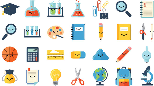 Cute School And Education Vector Set Featuring Kawaii Stationery Science Equipment Books And Graduation Cap For Classroom Learning Back To School And Student Graphic Designs