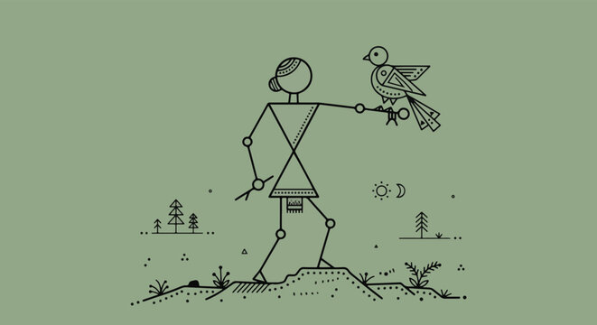 Traditional Indian Warli art style illustration of a tribal woman holding a bird in a geometric nature landscape