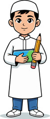 Fototapeta premium Muslim Boy Student Holding Book and Pencil Ready for Education in Traditional Attire