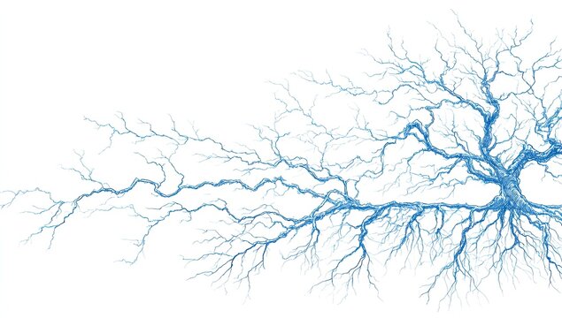Gnarled blue branches spread across white, resembling lightning or veins