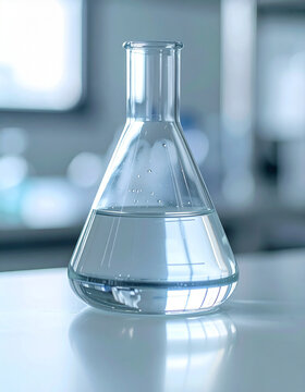 Glass laboratory flask containing clear acetone, chemical and industrial application concept, clean lab environment, minimal composition.
