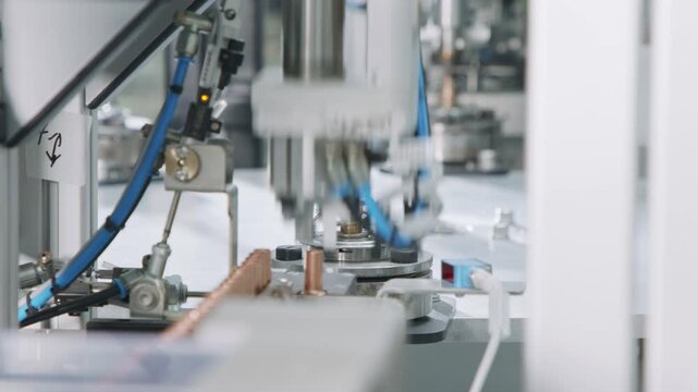 Modern automated factory production line with robotic arms and smart technology for efficient manufacturing.