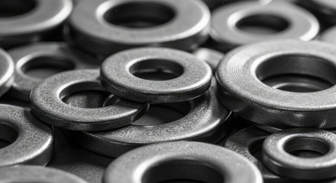 Close-up of Various Metal Washers.