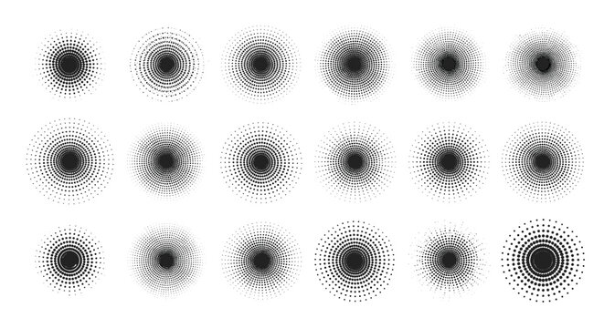 Set of eighteen diverse circular halftone patterns with varying density and radial spray effects in black and white.