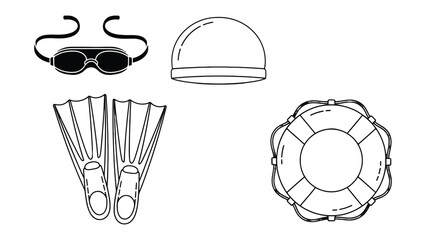 Swim Essentials in Silhouette: A minimalist, high-contrast monochrome design features swimming goggles, a swim cap, flippers, and a life buoy. © Ajhar234