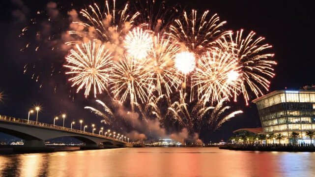 Fireworks exploding over a bridge and building near a body of water at nighttime with reflections on the surface