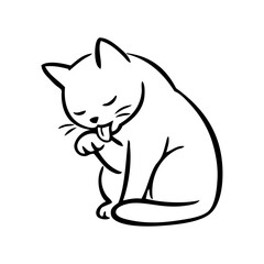 Dibujo minimalista con líneas de un gato sentado y acicalándose. Un gato se limpia la pata delantera con la lengua fuera © teracreonte