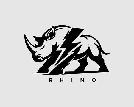 Powerful Rhino Lightning Logo Vector Silhouette, A vector illustration of a rhinoceros with a bold silhouette and lightning bolts symbolizing strength, energy, and speed. Suitable for brand logos, esp