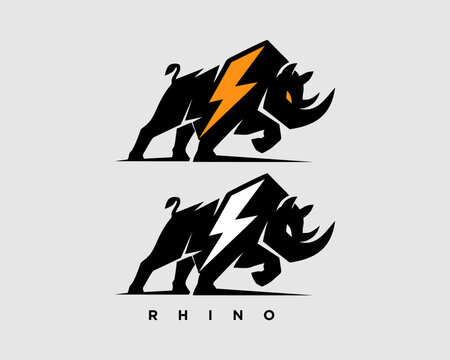 Powerful Rhino Lightning Logo Vector Silhouette, A vector illustration of a rhinoceros with a bold silhouette and lightning bolts symbolizing strength, energy, and speed. Suitable for brand logos, esp