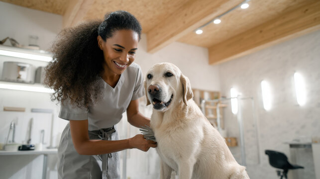 Groomer brushes a happy Labrador Retriever in a modern pet spa setting. A smiling groomer gently brushes a beautiful yellow lab, providing professional pet care services