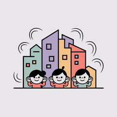 Naklejka premium Three cheerful children covering their ears near colorful buildings with motion lines around them