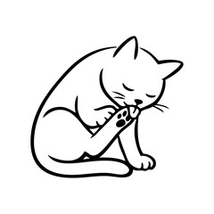 Dibujo minimalista con líneas de un gato sentado y acicalándose. Un gato se limpia la pata trasera con la lengua fuera © teracreonte