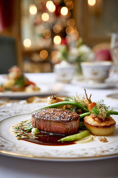 Plated gourmet beef fillet mignon, served with vegetables and sauce, creating an upscale fine dining experience at a hotel