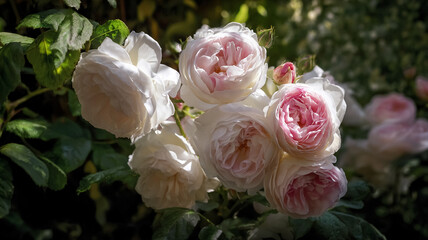 Fototapeta premium Cluster of white and pink garden roses blooming in nature with green foliage, capturing summer beauty and romance