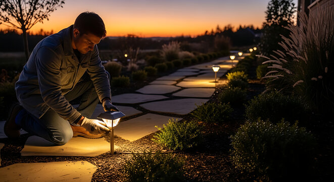 Professional worker installing solar powered landscape lights along stone garden walkway during golden hour sunset in yard