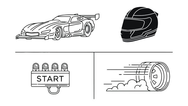 Racing Components: A graphic arrangement showcases elements synonymous with racing: a sleek race car, a protective helmet, a START indicator, and a tire creating a cloud of smoke.