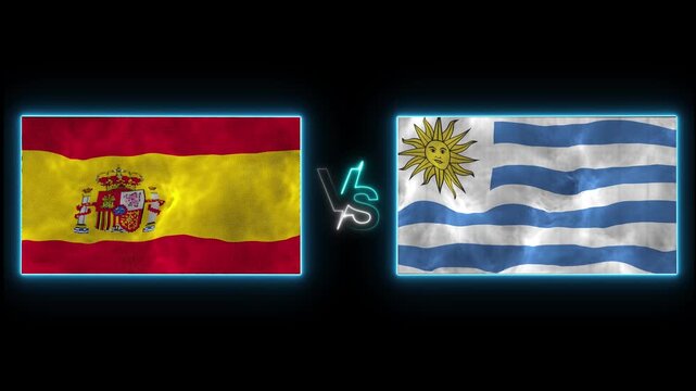 4K Spain vs Uruguay Flags Waving for 2026 World Football Tournament. Realistic Waving Flags of Spain and Uruguay with 2026 Cup Theme