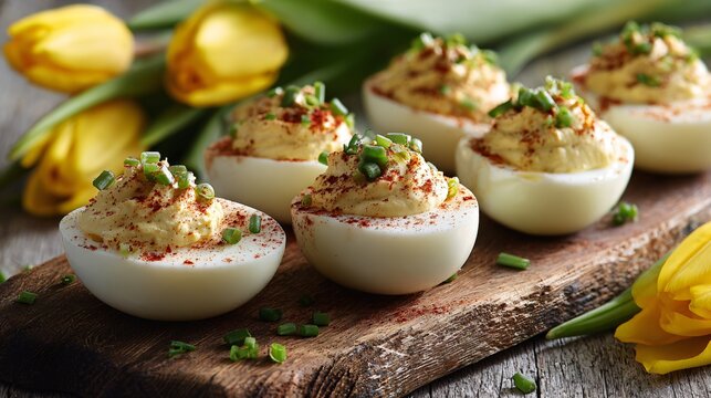 Deviled eggs piped with creamy Dijon filling and sprinkled with paprika and chives, arranged on a rustic wooden board with tulips in the background and diffused natural daylight